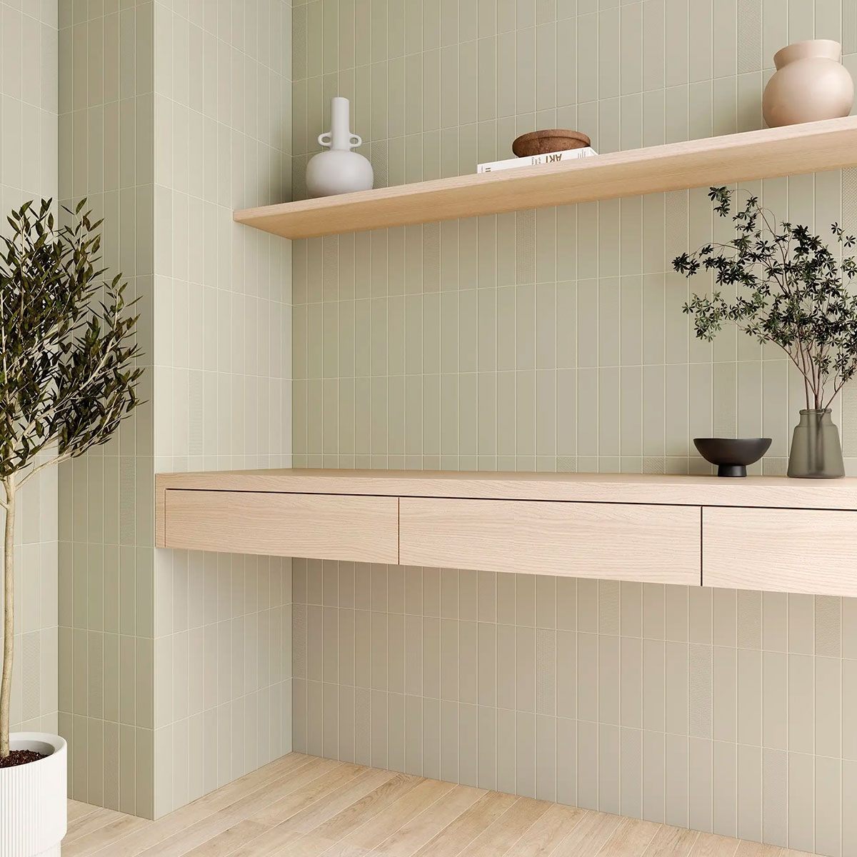 Interior com revestimento Texiture Pattern Mix Sage 6.2x25 (0.45m2)