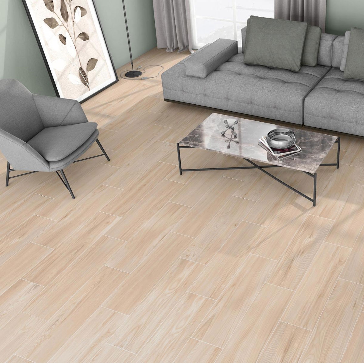 Sala con pavimento AT Aire Haya 20x75