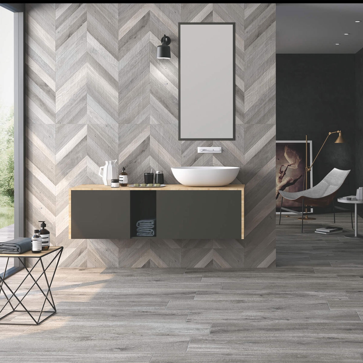 Salle de bain avec revêtement Chevrons Printemps 60x120