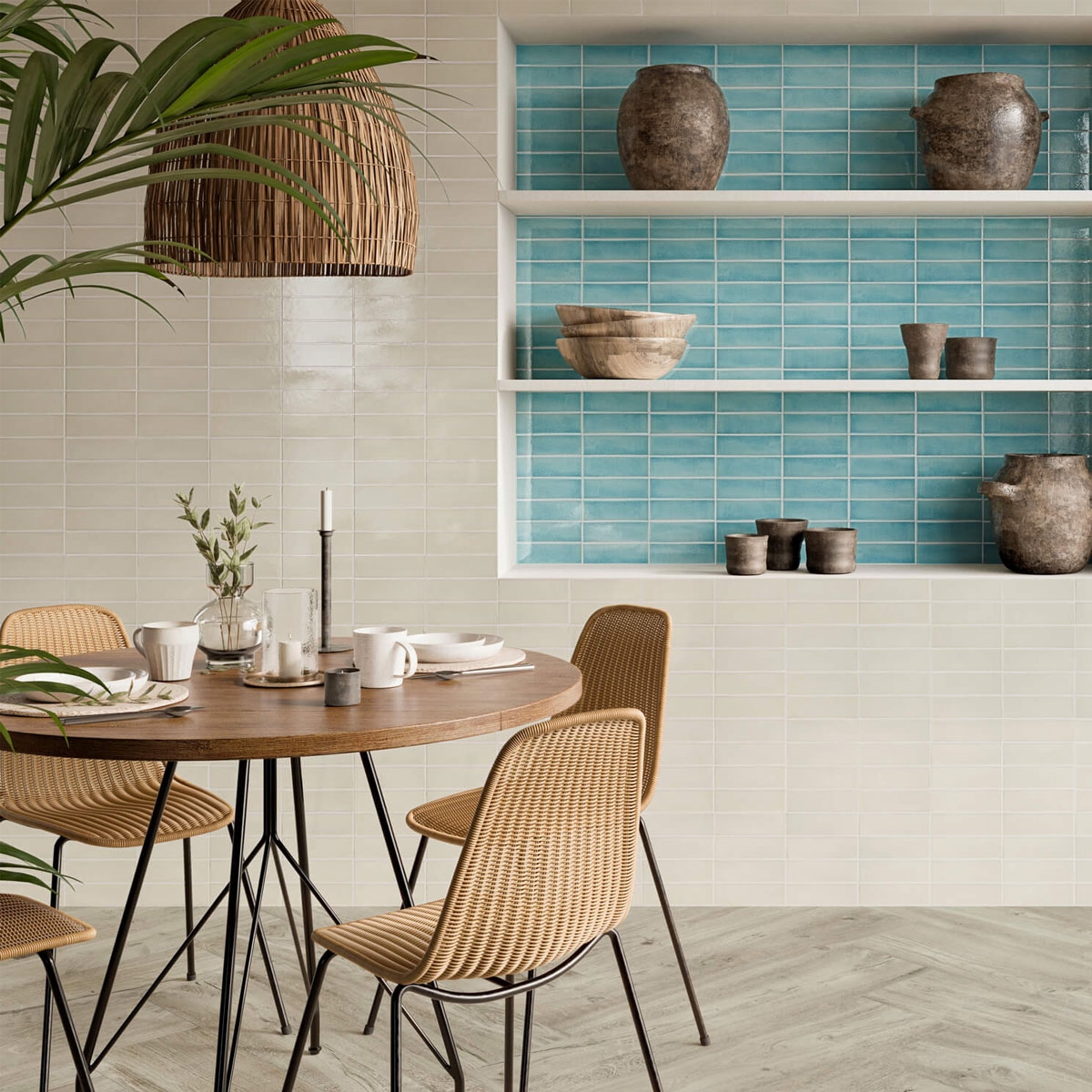 Cozinha mediterrânea turquesa com revestimento 6.25x20