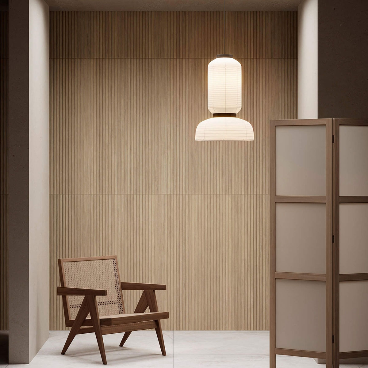 Intérieur avec revêtement en érable d’Osaka 60x120