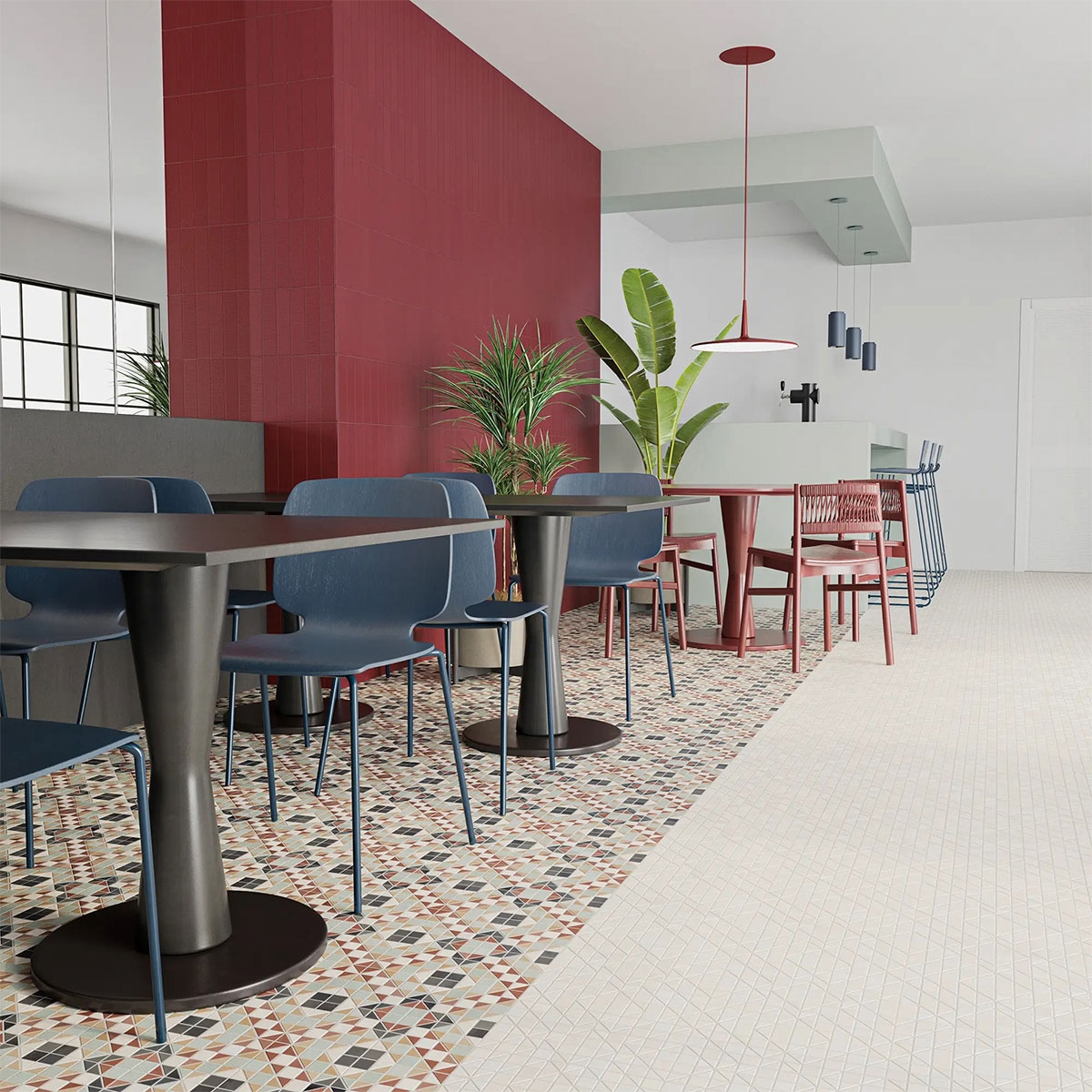 Interior con pavimento Tesserae Like Blanc 28x28