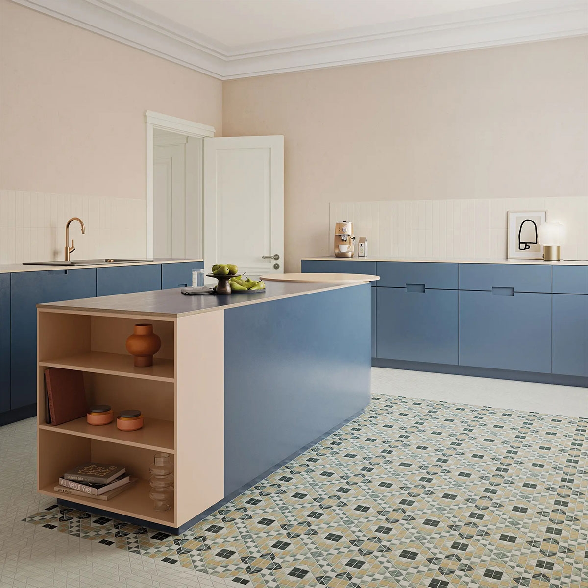 Interior con pavimento Tesserae Like Marino Plus 28x28