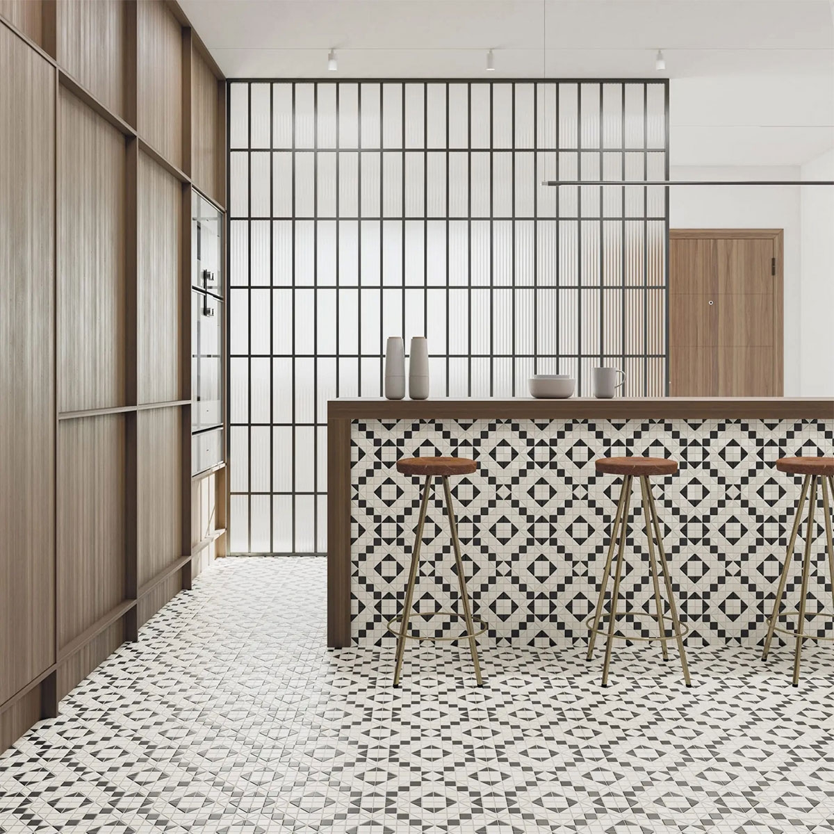 Interior con pavimento y revestimiento Tesserae Like B&W 28x28