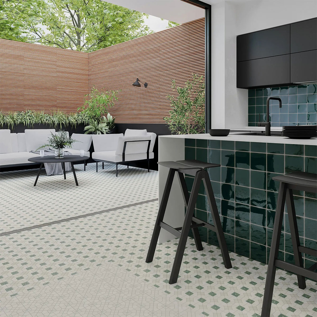 Interior con pavimento Tesserae Suit Blanc 28x28