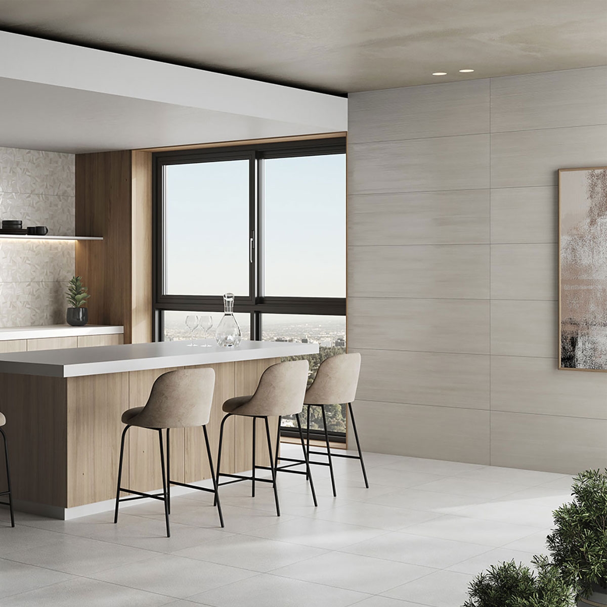 Cozinha com Q Serene Areia Revestimento 40x120