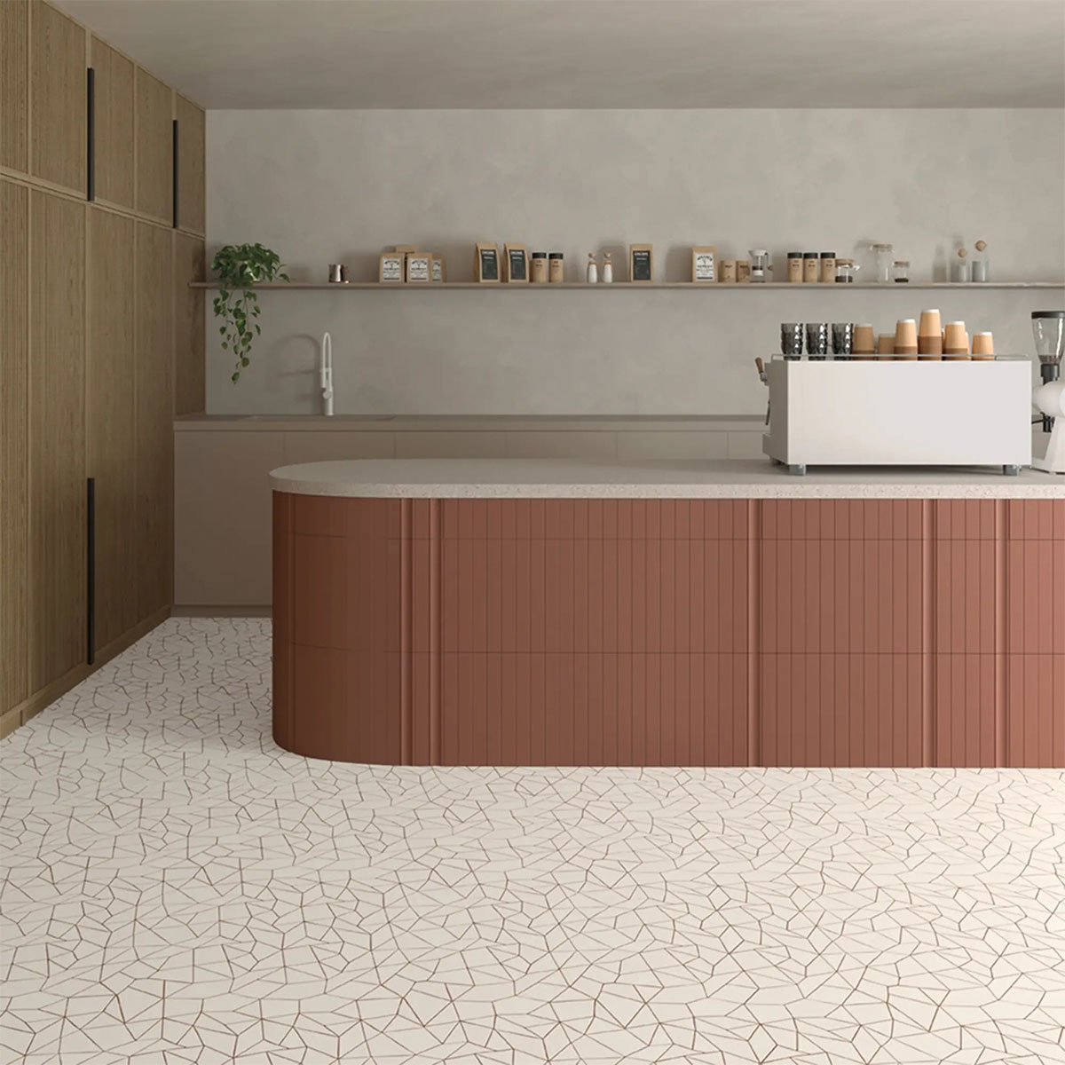 Interior con pavimento Trencadis Gaudi Chalk 25,5x25,5