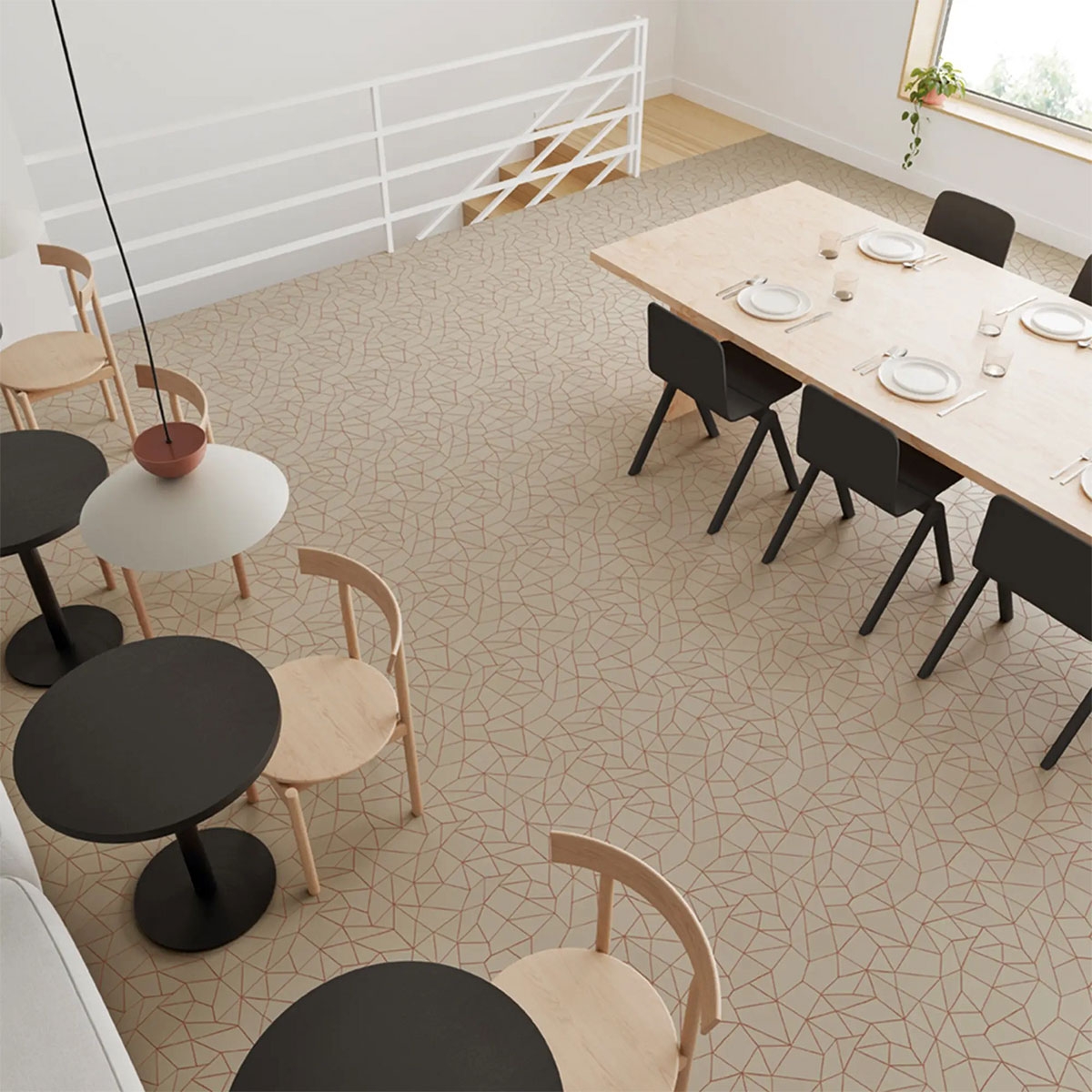 Interior con pavimento Trencadis Gaudi Ash 25,5x25,5