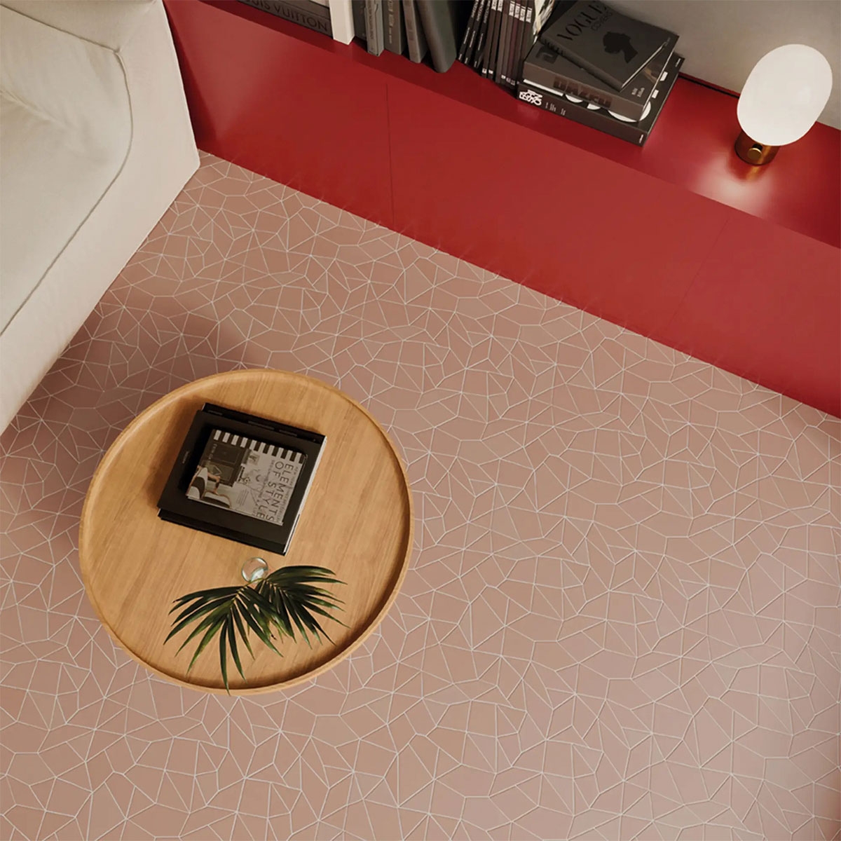 Interior con pavimento Trencadis Gaudi Mud 25,5x25,5