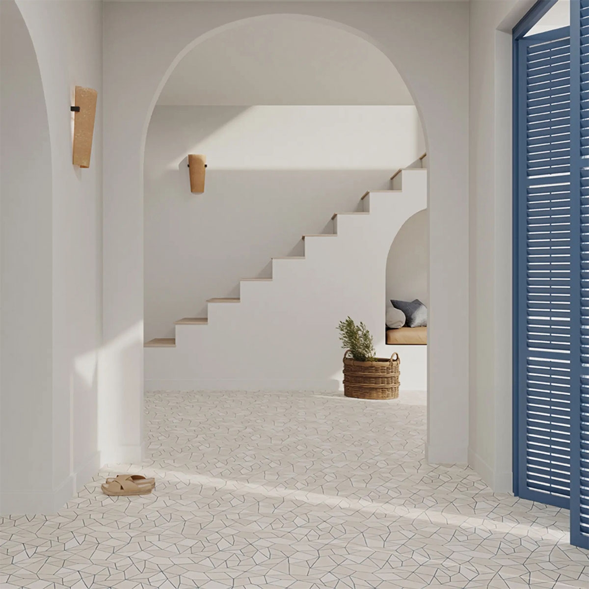 Interior con pavimento Trencadis Gaudi Artic 25,5x25,5