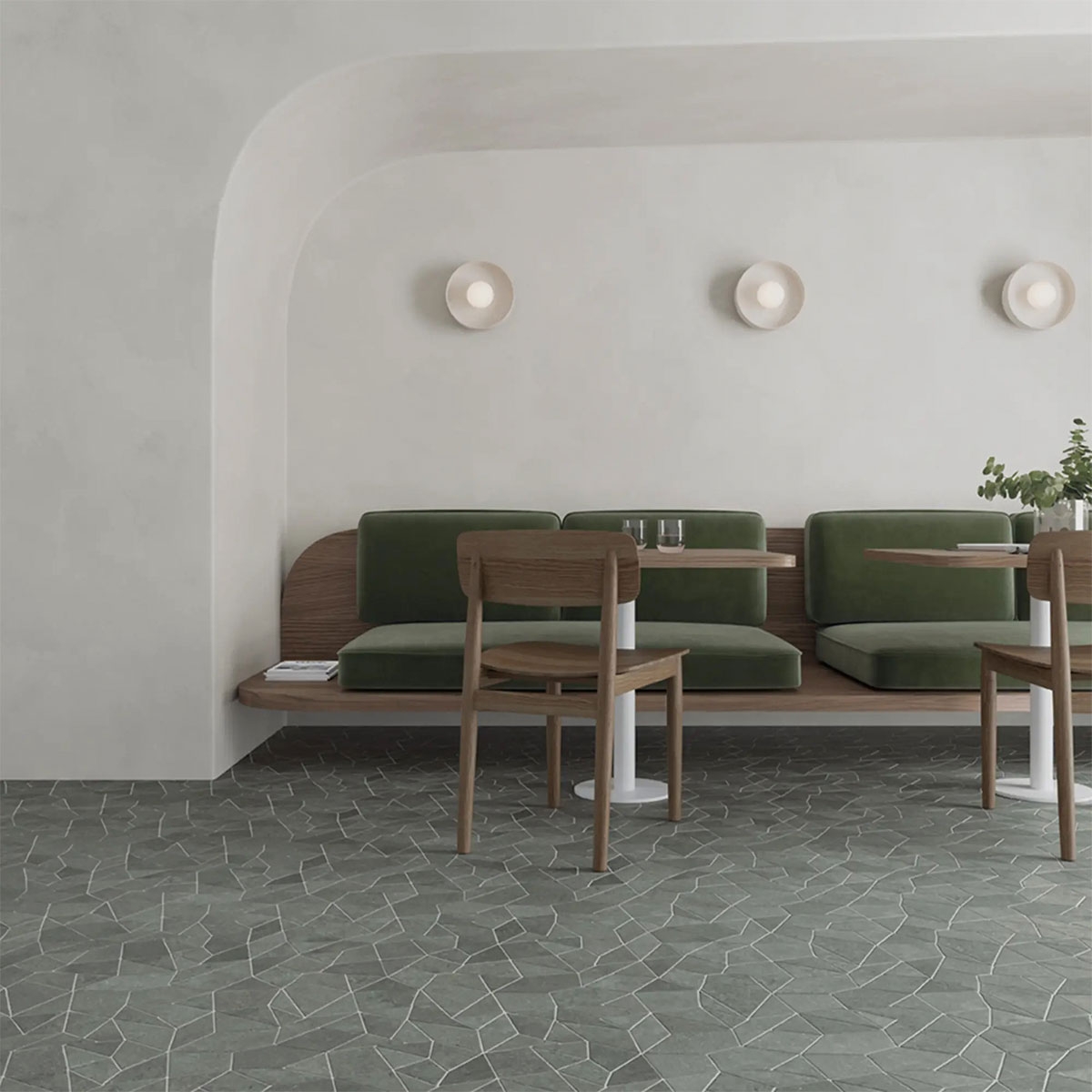 Interior con pavimento Trencadis Gaudi Coal 25,5x25,5