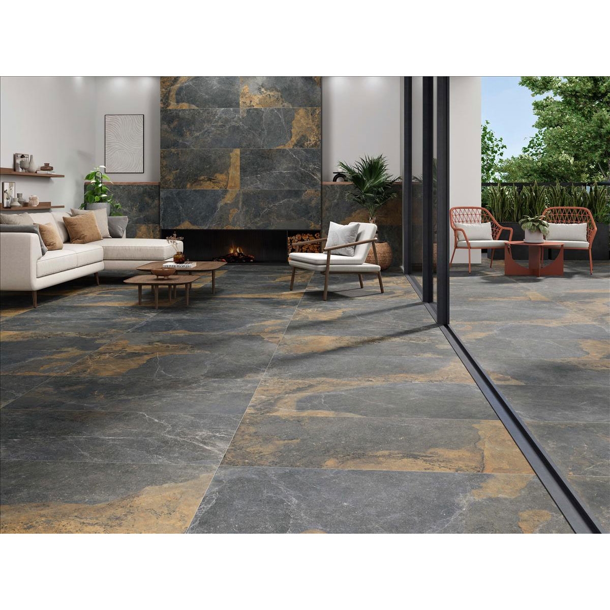 Sala com Pavimento e Revestimento Strato Natural 60x120