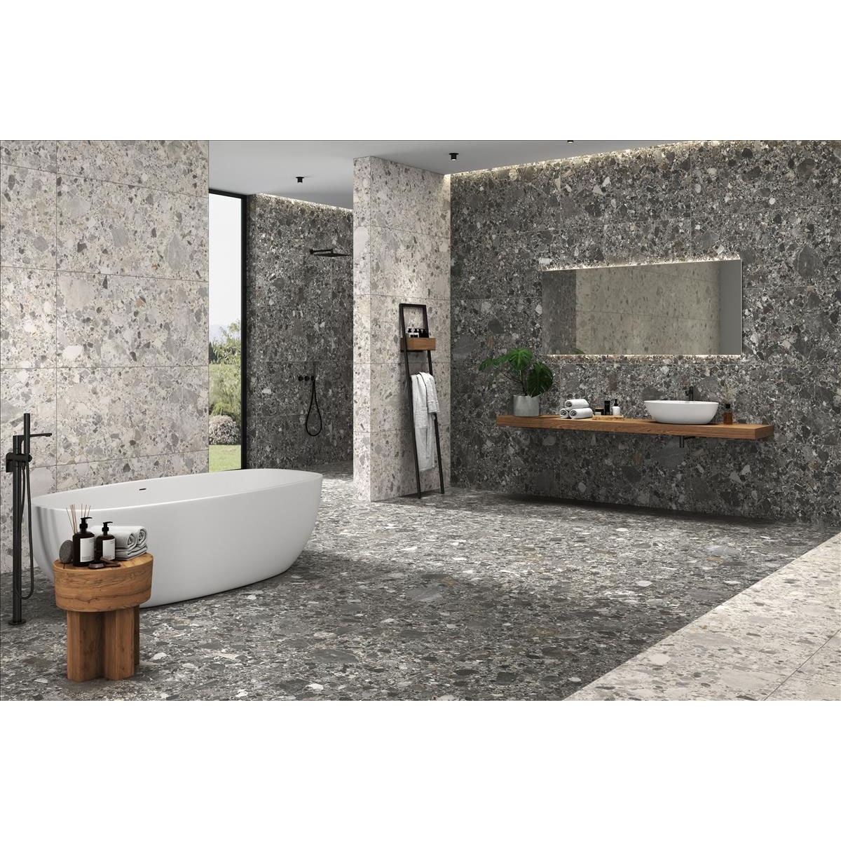 Baño con Pavimento y Revestimiento Inlay Pearl 60x120