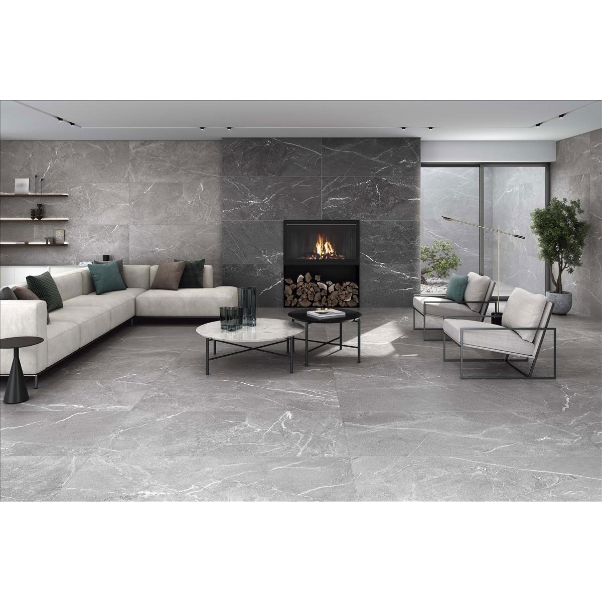 Sala de Estar com Chão e Revestimento Malek Cinzento 60x120