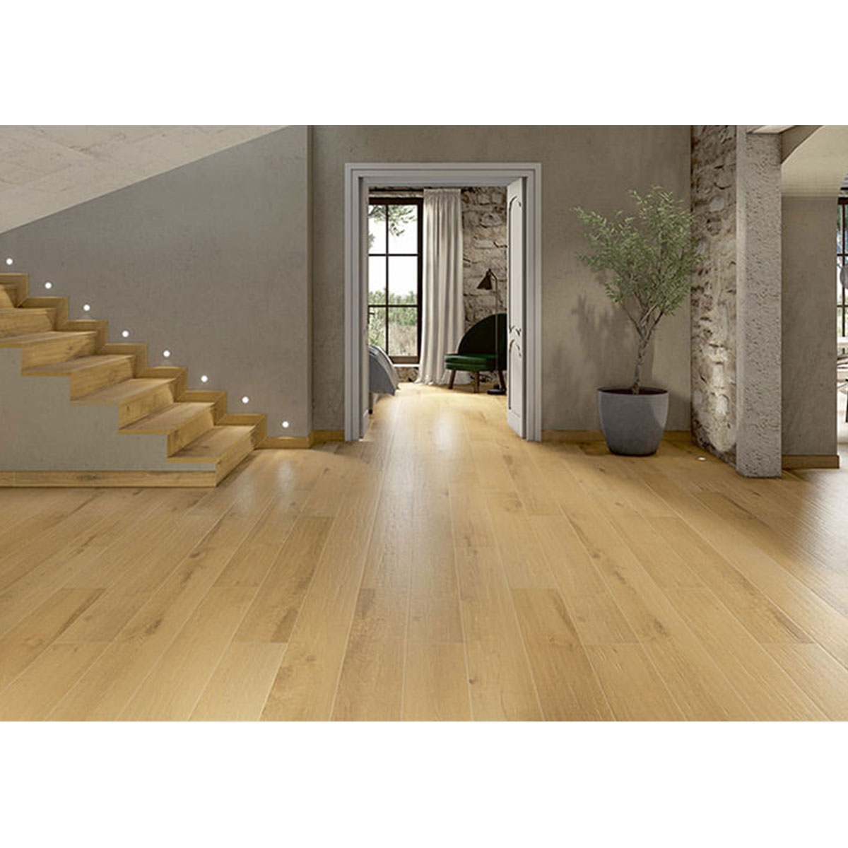 Intérieur avec pavage Alquézar Miel 20x120