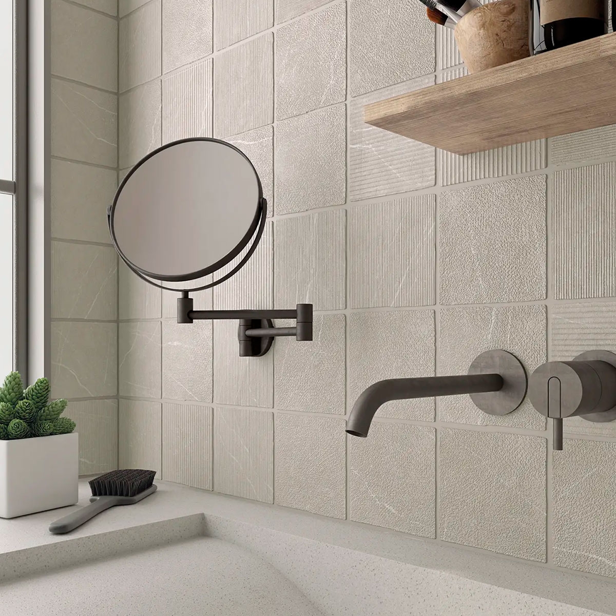 Badezimmer mit Gea Carved Linen 12x12 Verkleidung (Box 0,54m²)