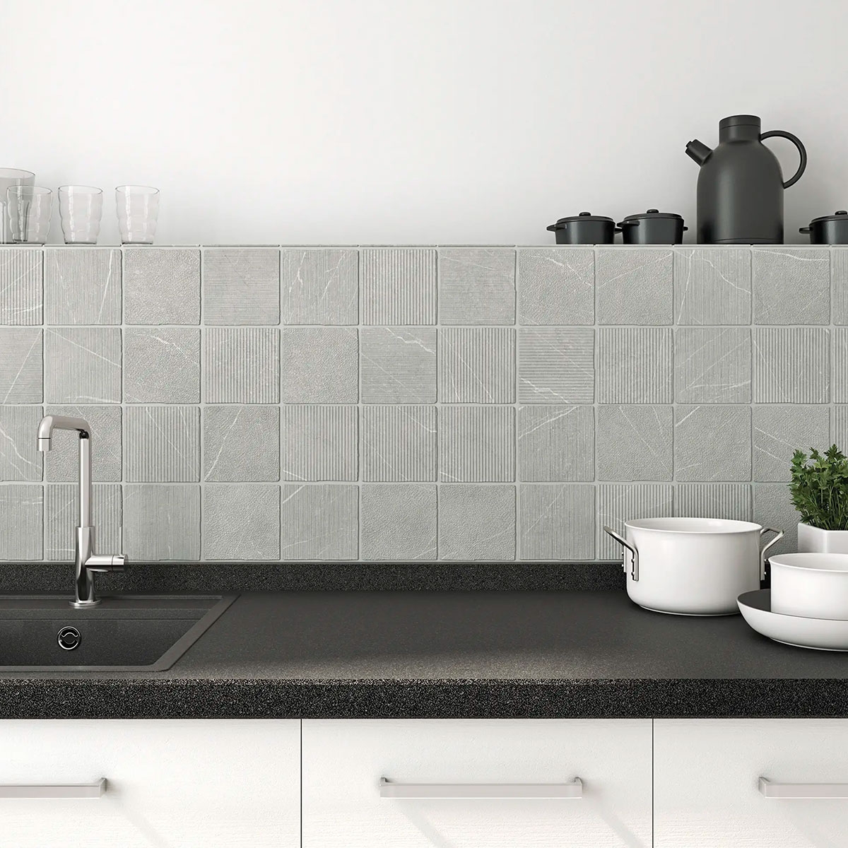 Cozinha com revestimento Gea Carved Grey 12x12 (Caixa 0.54m2)