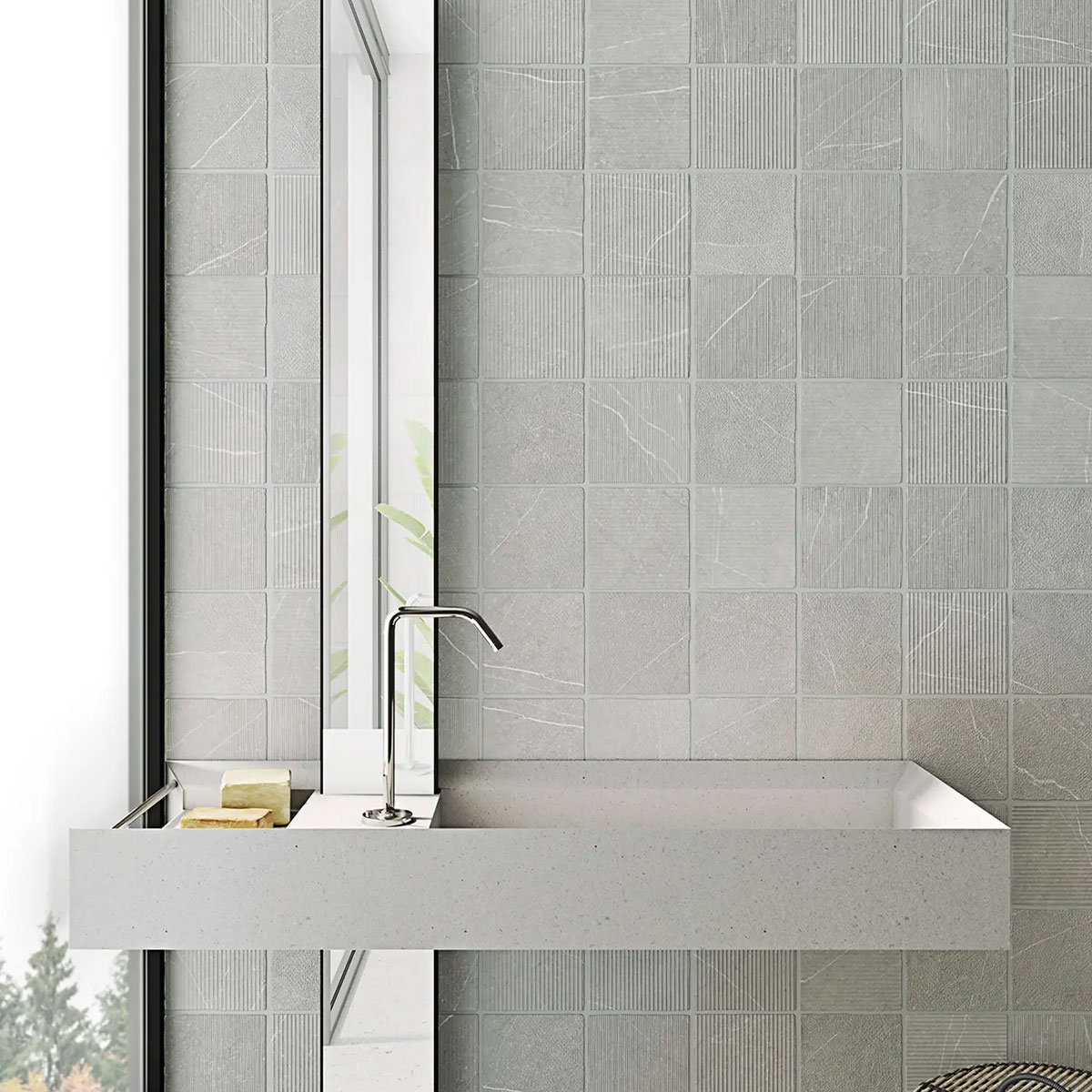 Salle de bain avec revêtement Gea Carved Grey 12x12 (Boîte 0.54m2)