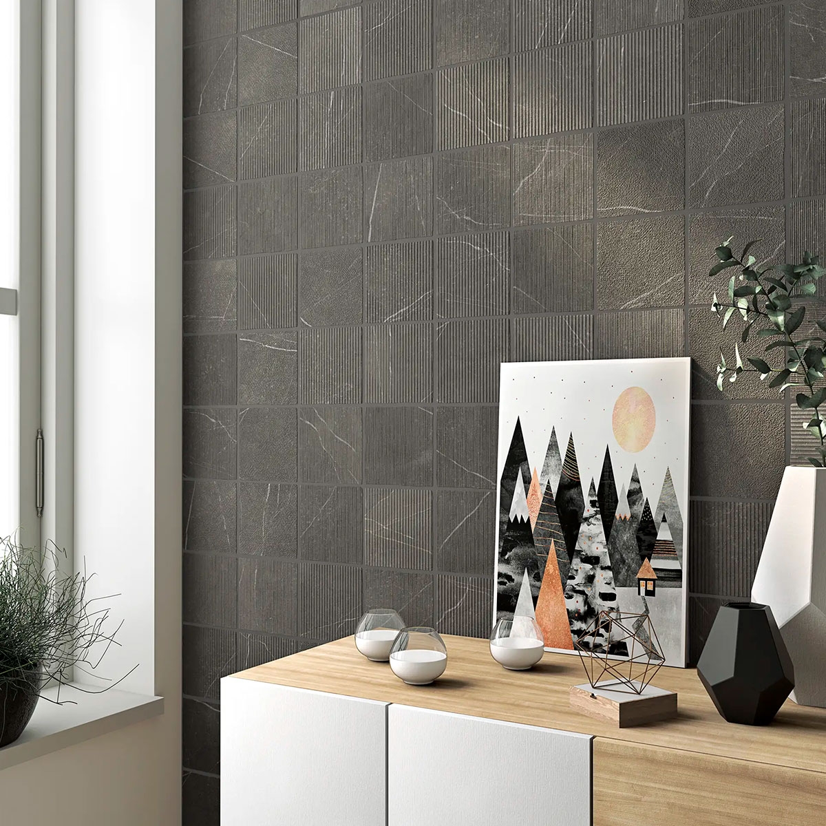 Innenraum mit Gea Carved Charcoal 12x12 Beschichtung (Box 0,54m²)