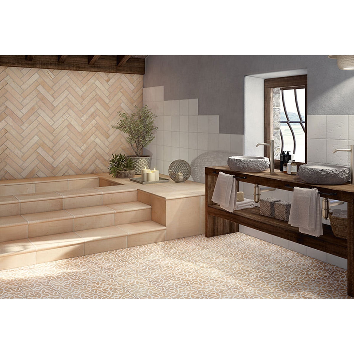 Salle de bain avec pavement coupe-feu naturel 45x45