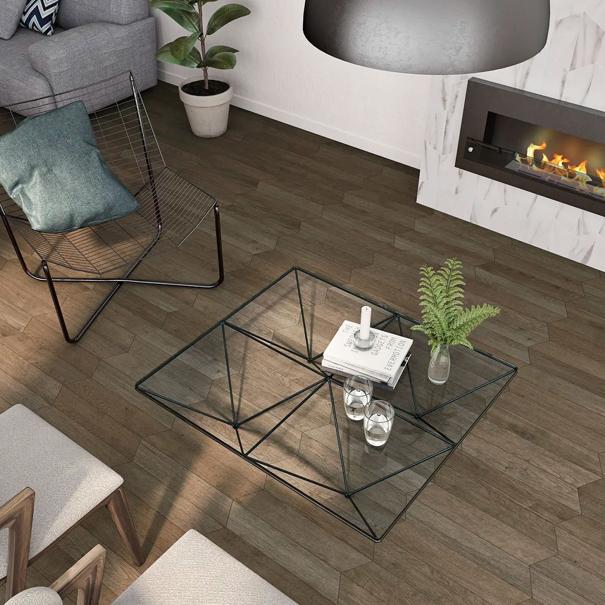 Interior com revestimento de 60° Trapezium Calacatta 9,8x23 (Box 0,33m2)