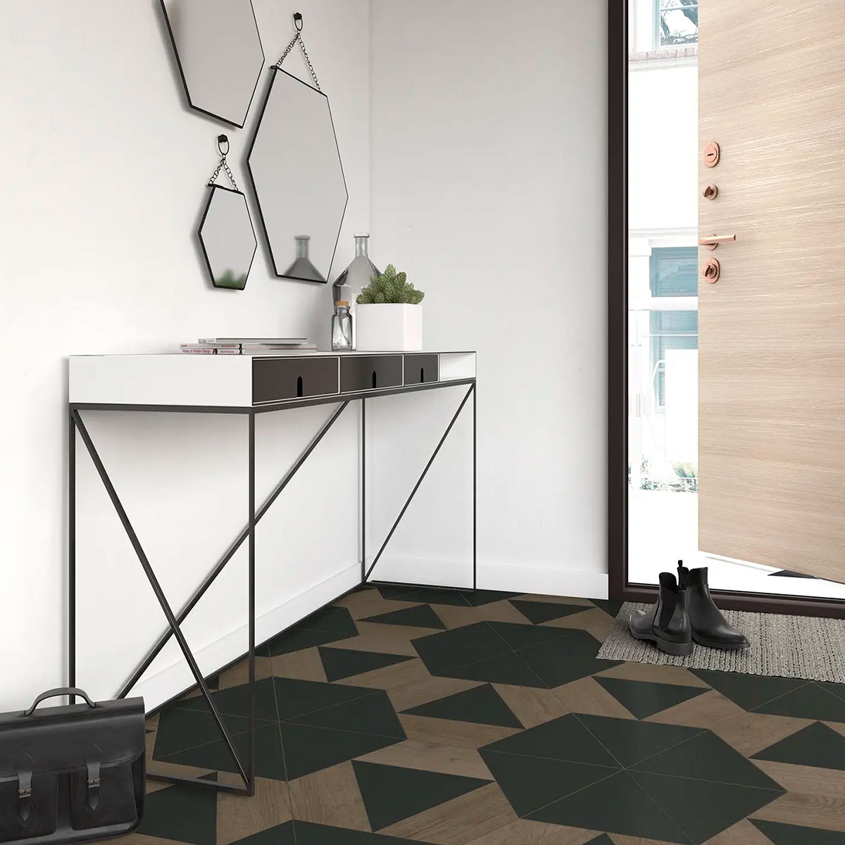 Innenraum mit 60° Trapezium Wood Dark Boden 9,8x23 (Box 0,33m²)