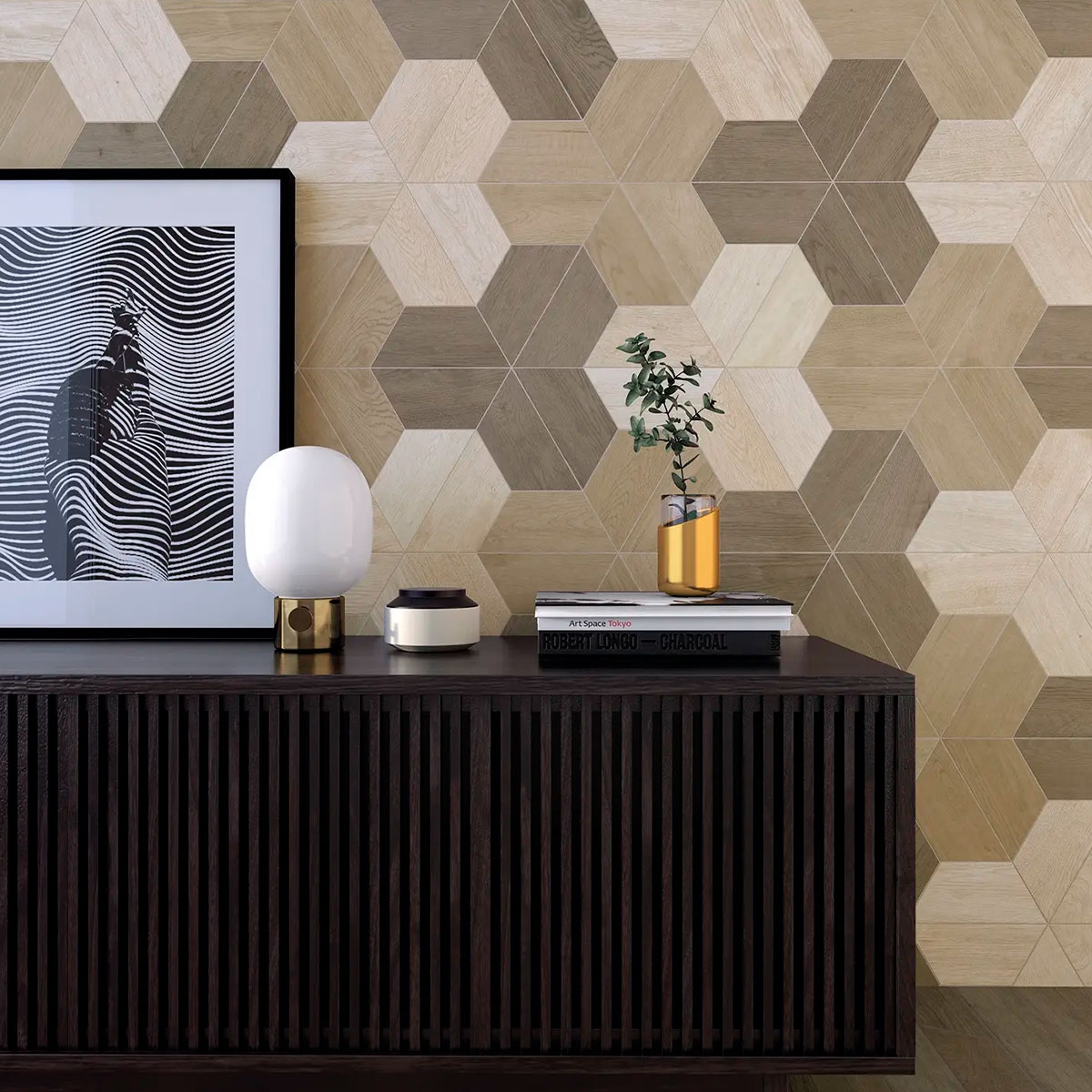 Interior com revestimento 60° Trapezium Wood Dark 9.8x23 (Box 0.33m2)