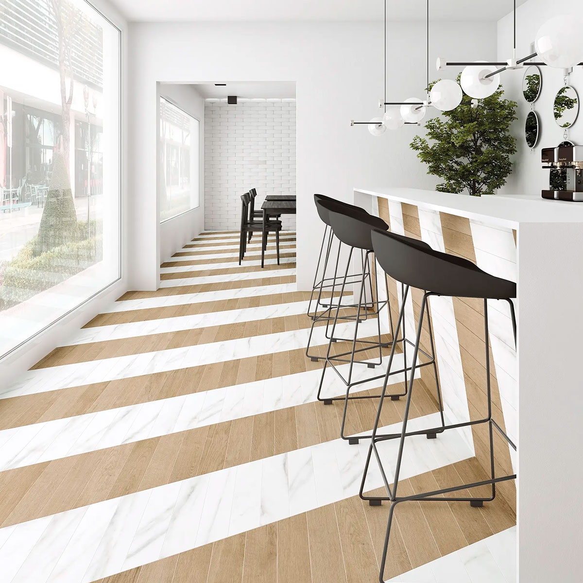 Interior con pavimento y revestimiento 60° Chevron B Calacatta 9,8x52,2 (Caja 0,45m2)