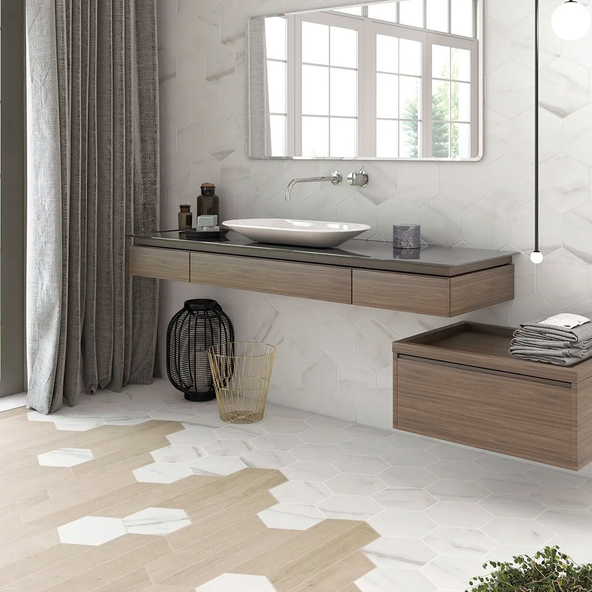 Salle de bain avec sol 60° Chevron B Bois Lumière 9.8x52.2 (Boîte 0.45m2) 2