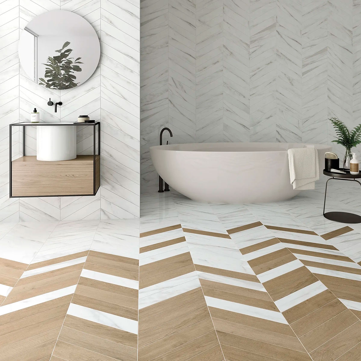 Casa de banho com pavimento 60° Chevron A Madeira Mid 9.8x52.2 (Box 0.45m2)