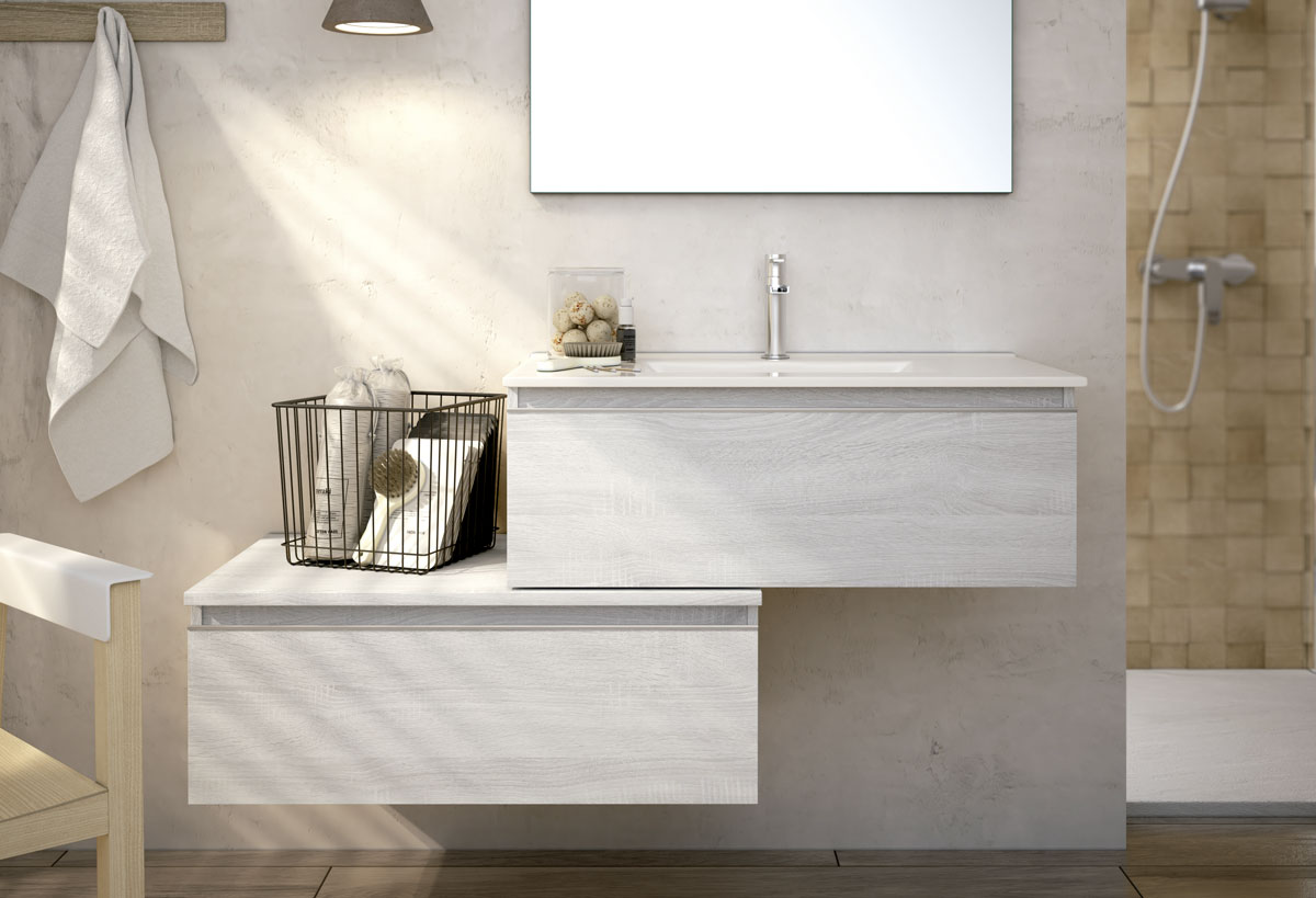 mueble de baño color blanco con espejo