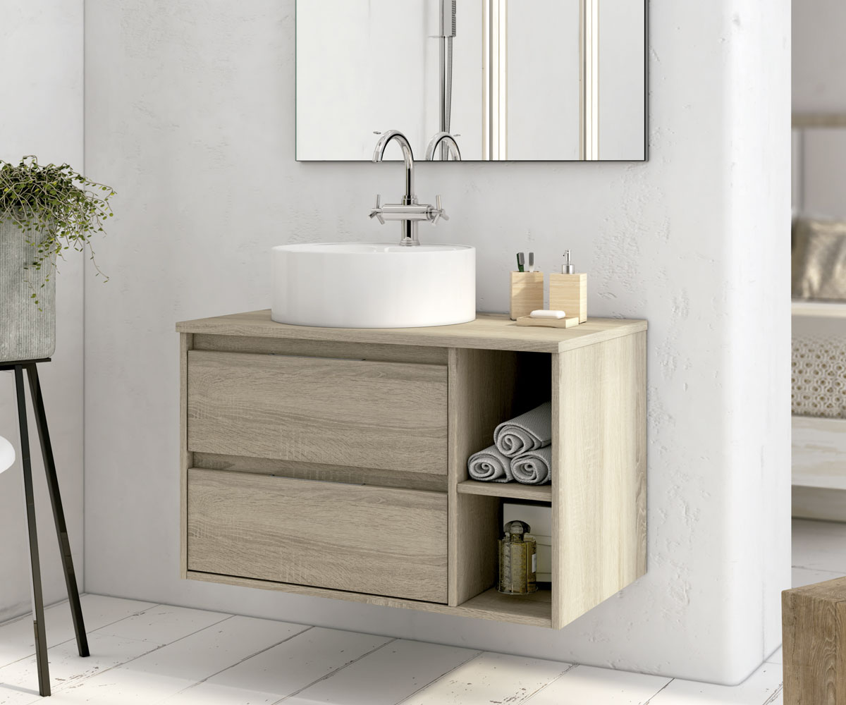 mueble de baño colgante de color marrón oscuro con espejo