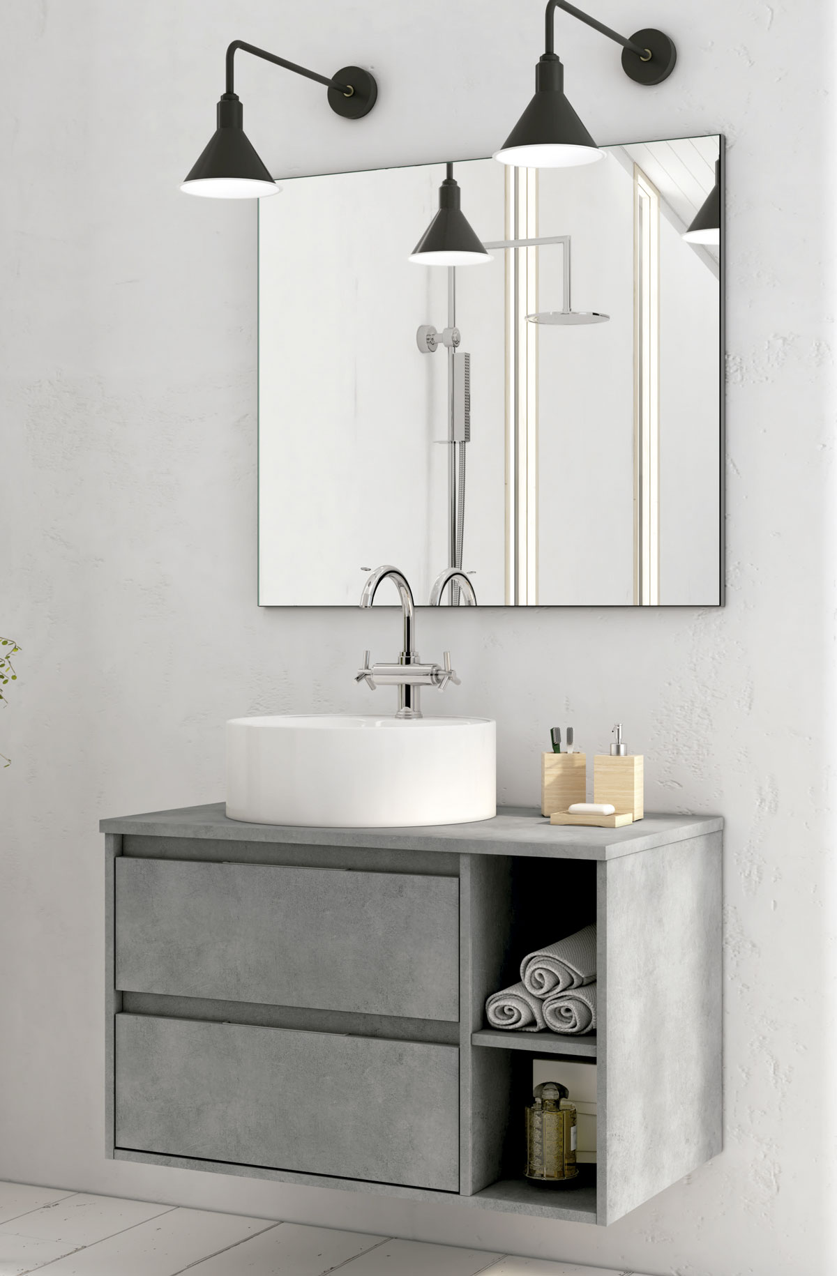 mueble de baño color cemento y elevado con espejo