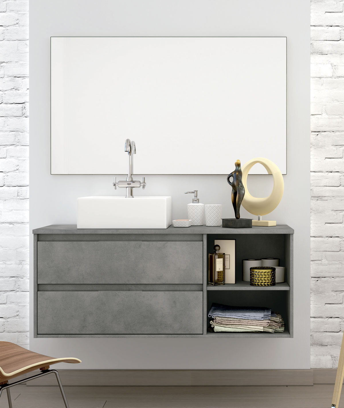 Mueble de baño color cemento elevado con lavabo y espejo