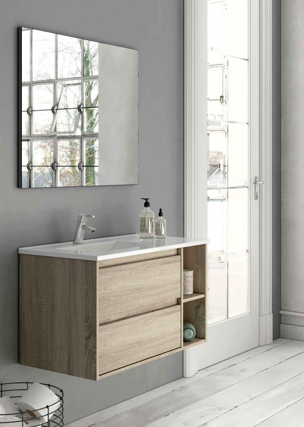 mueble de baño colgante de color marrón oscuro con espejo