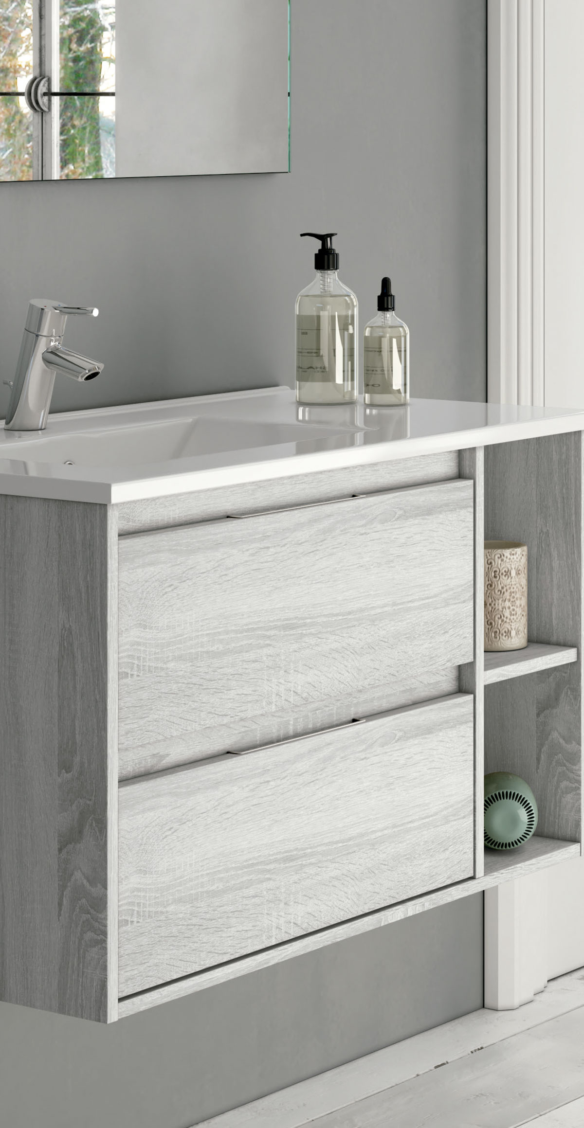 mueble de baño colgante de color cemento con espejo