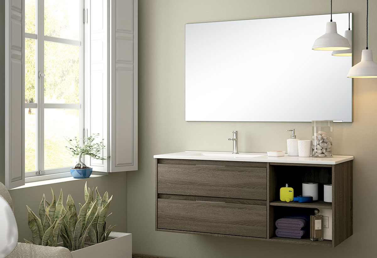 mueble de baño colgante de color gris con espejo