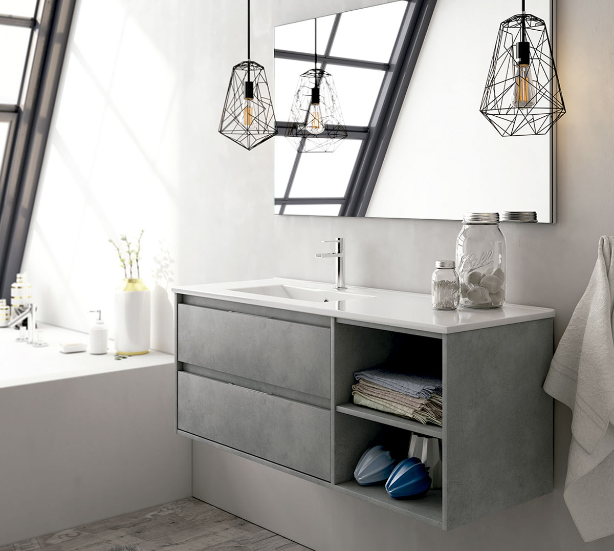 mueble de baño colgante de color cemento con espejo