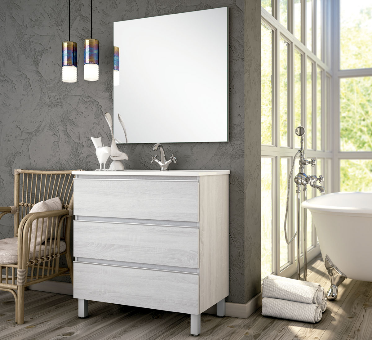 móvel de casa de banho em cinza com lavatório e espelho