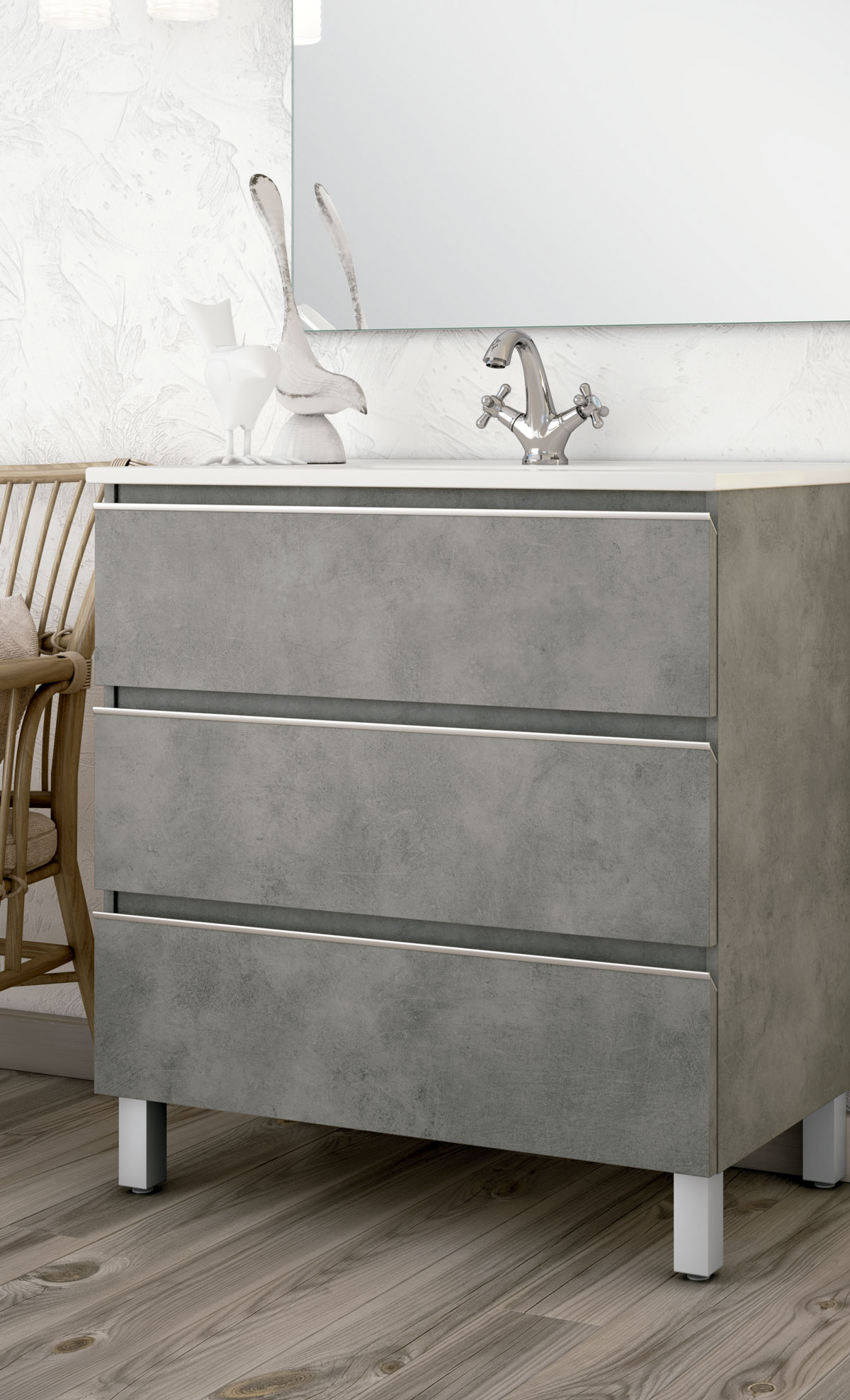 mueble de baño de color ceniza con lavabo con espejo