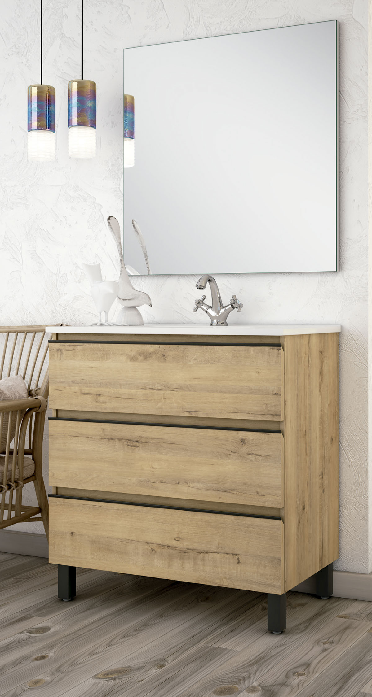 Mueble de baño de color marrón claro con patas lavabo y espejo