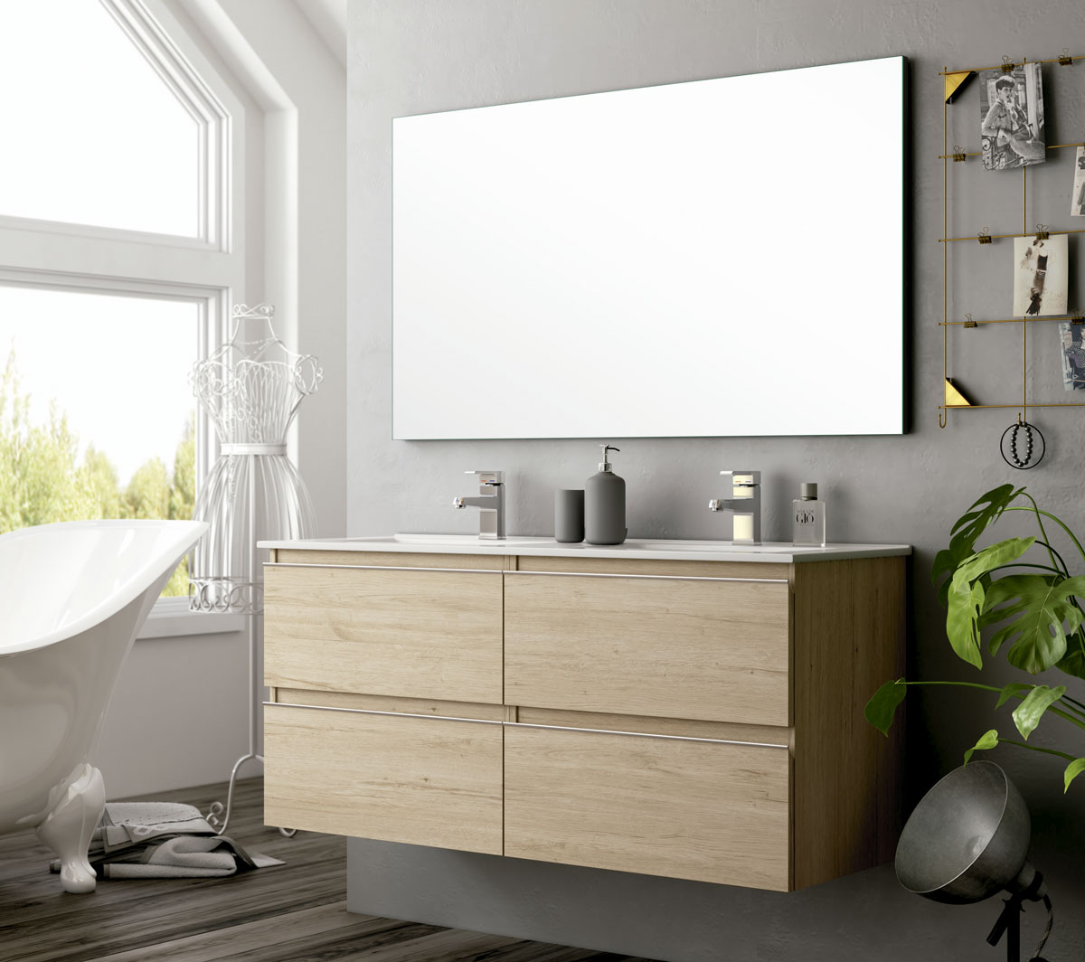 móvel de casa de banho castanho claro com lavatório e espelho