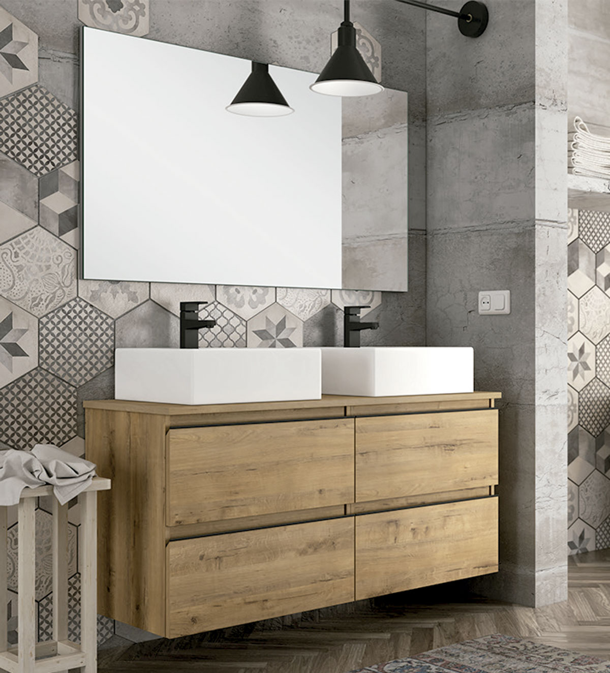 mueble de baño elevado de color marrón con espejo