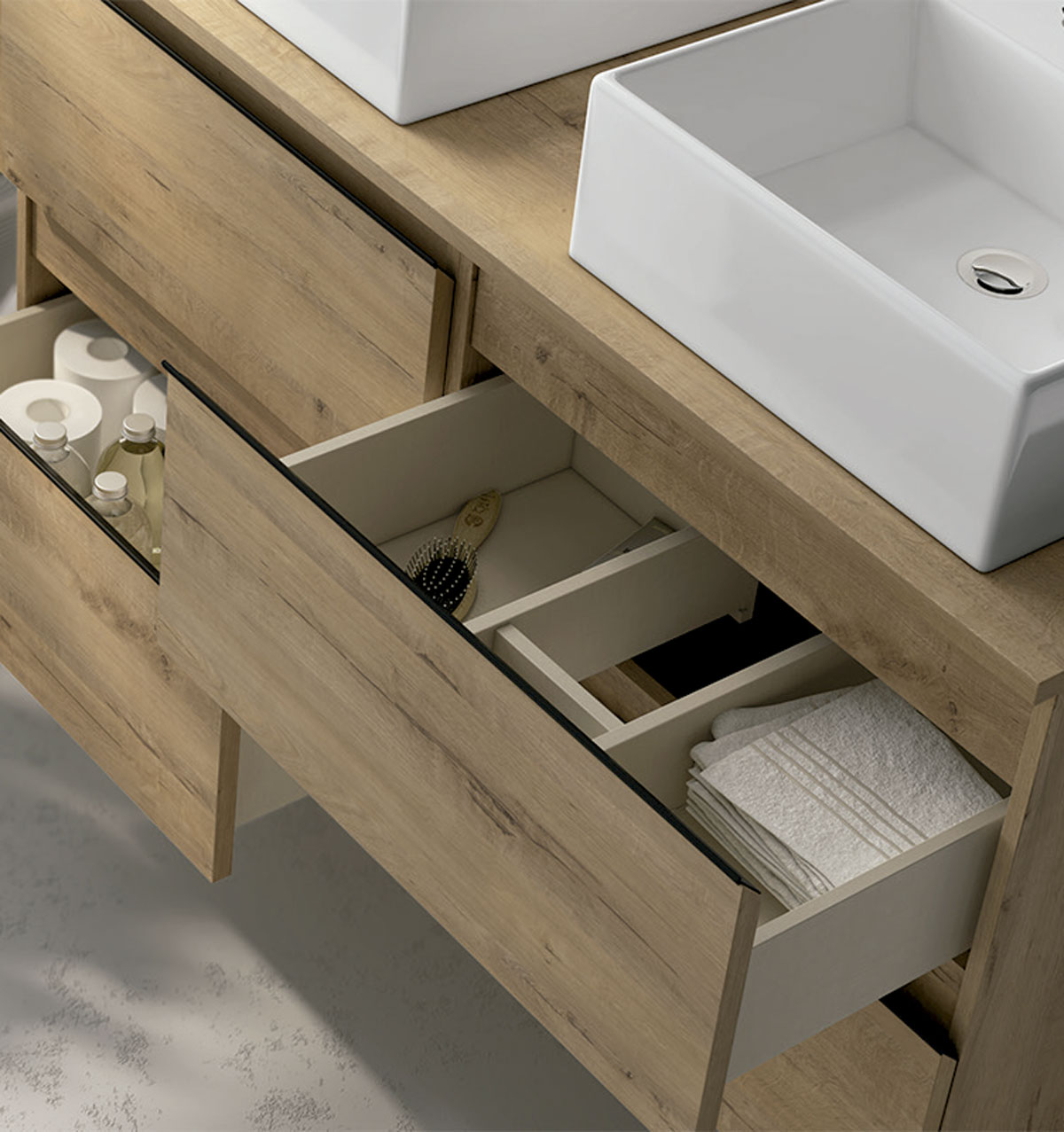 mueble de baño elevado color marrón con cajones