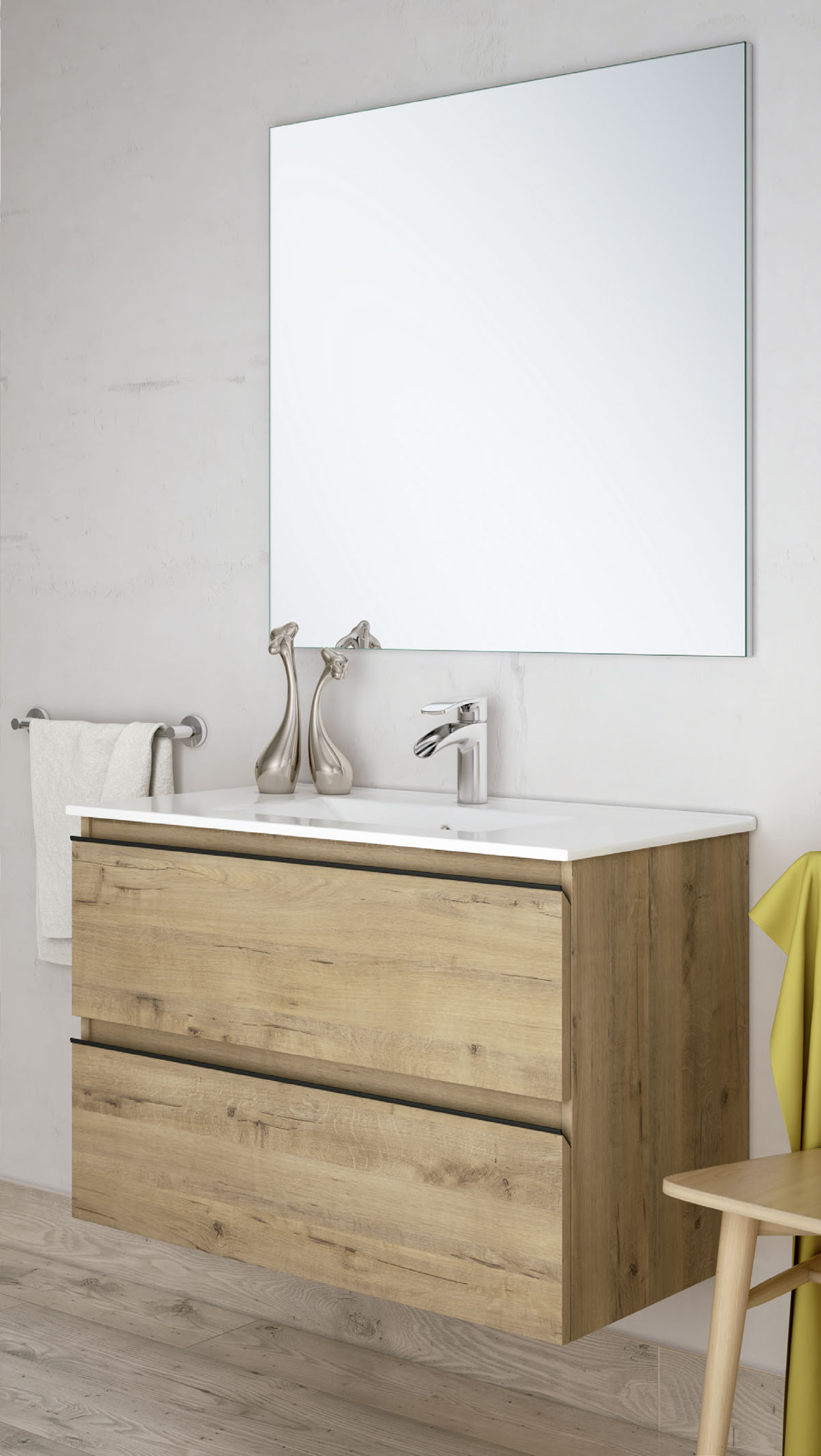 móvel de casa de banho suspenso castanho claro com espelho
