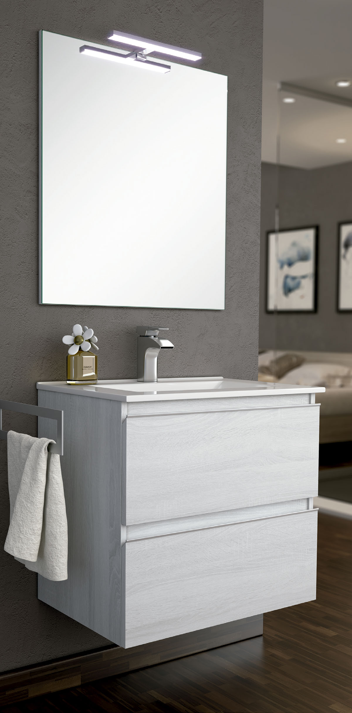 móvel de casa de banho elevado cor de cinza com espelho