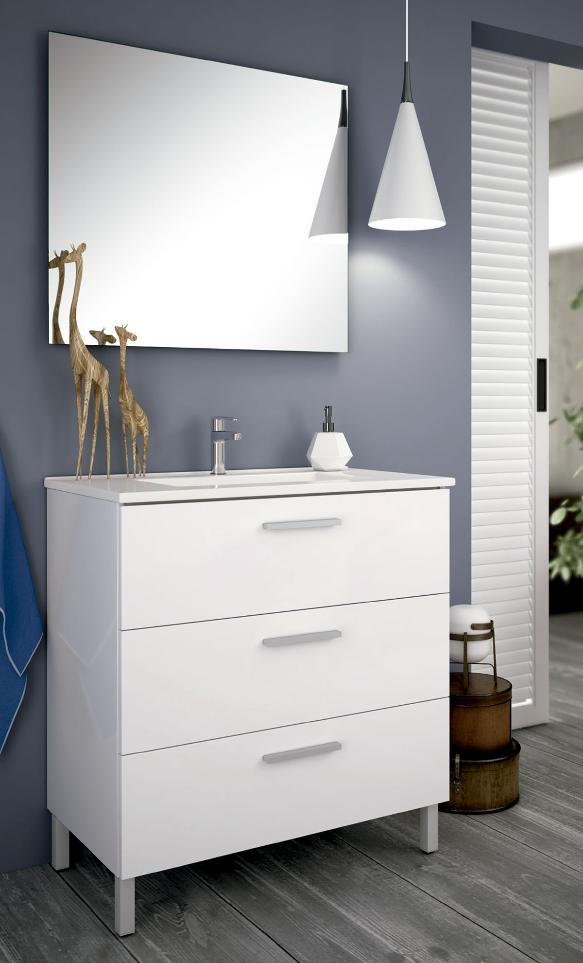 Mueble de baño de color blanco mate con patas