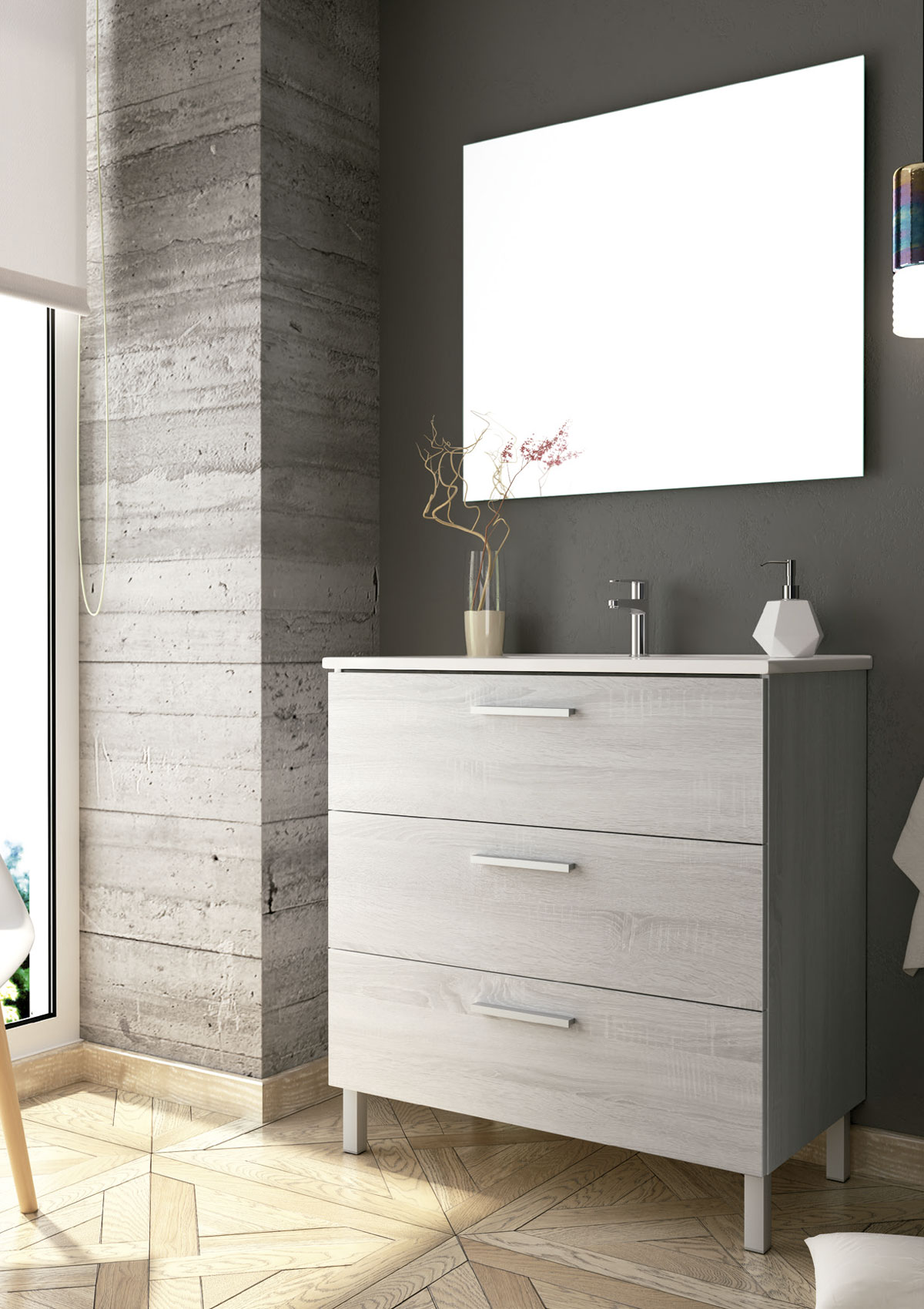 Mueble de baño de color ceniza con patas