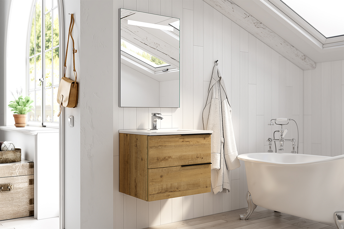 mueble de baño suspendido color marron claro con espejo