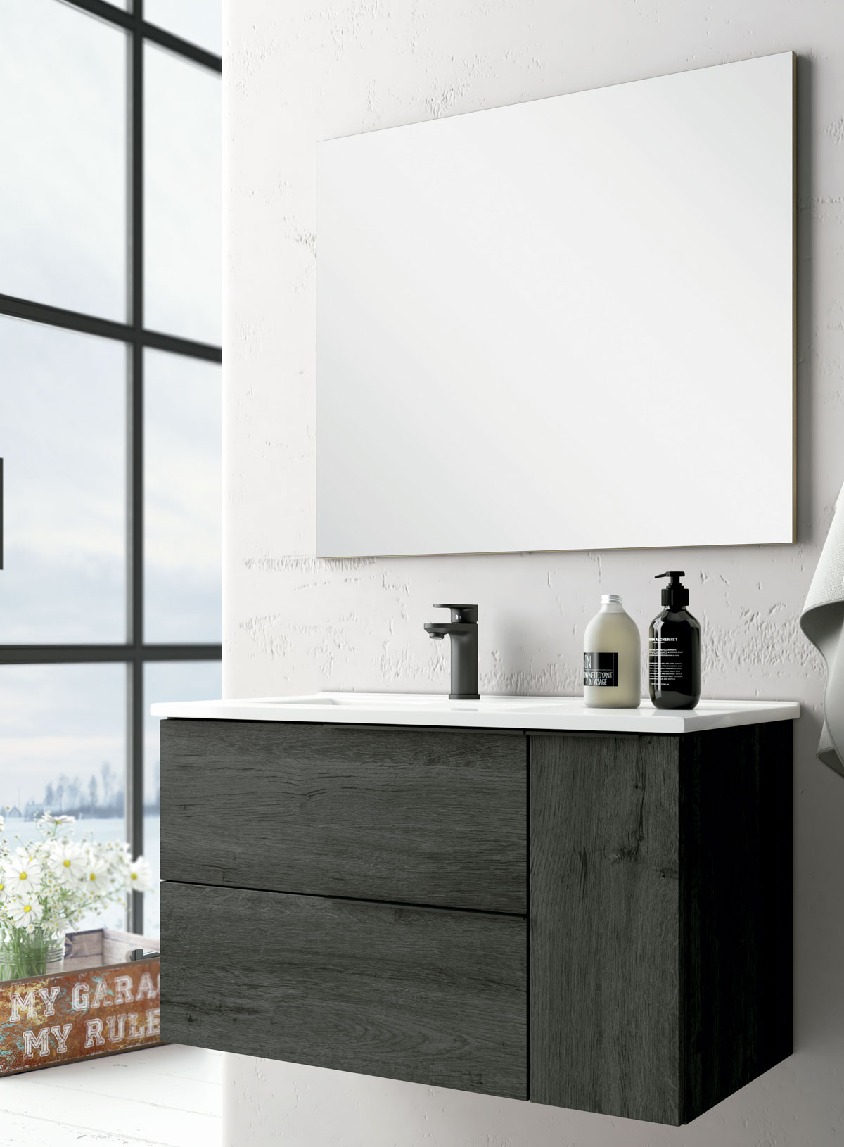 mueble de baño suspendido color blanco mate con espejo